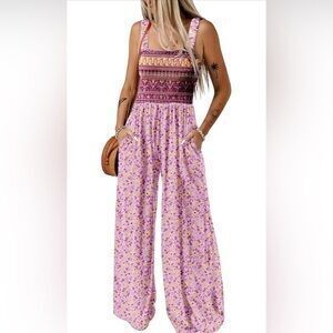 Overalls One Piece Sleeveless Printed Wide Leg Rompers With Pockets
